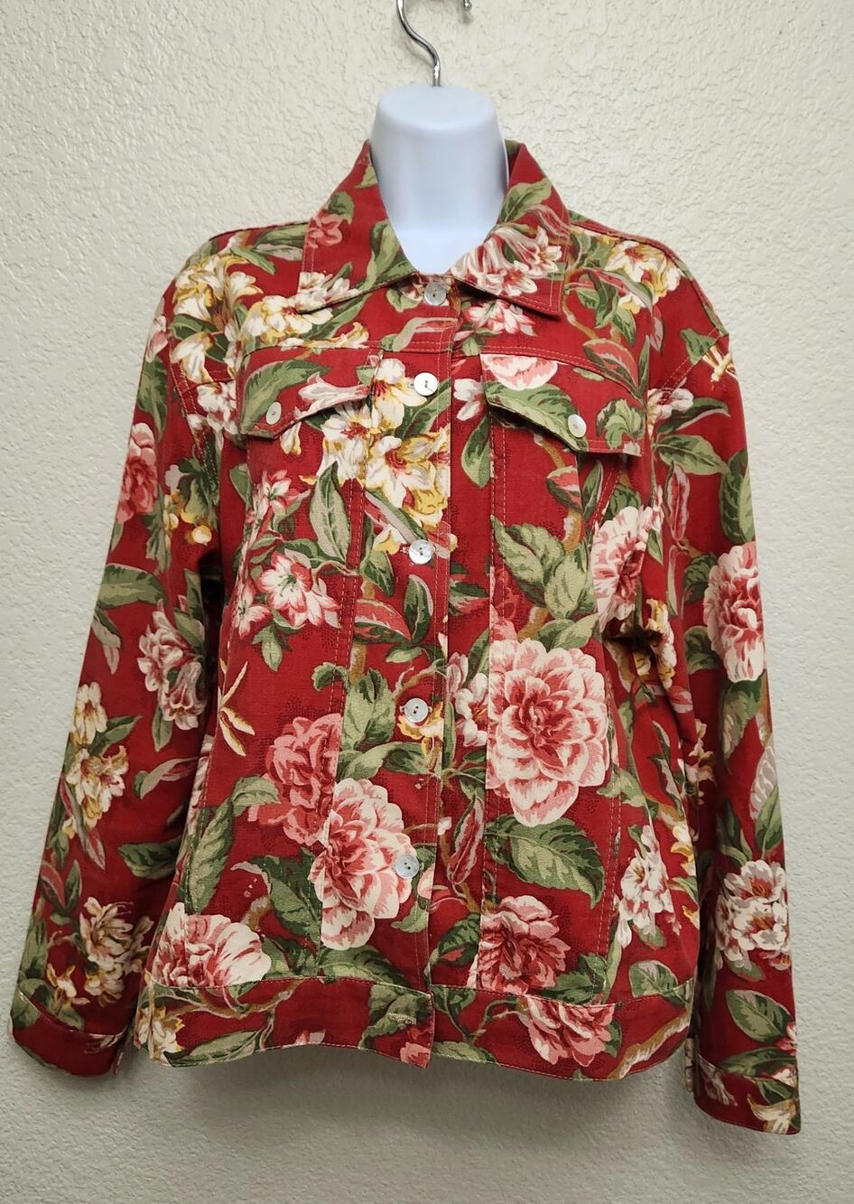 Vintage Burnt Orange Pink Floral Print Button Up Denim Jacket Large Lightweight